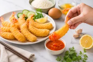 Cách Làm Tôm Chiên Bột Giòn Rụm, Không Bị Ỉu, Chuẩn Vị Nhà Hàng 4 Thưởng thức thành phẩm tôm chiên bột cùng tương ớt