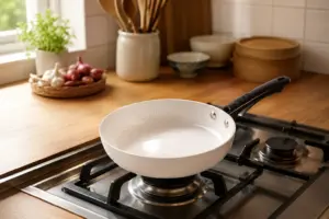 Chảo Chống Dính: Hướng Dẫn Chọn Mua và Sử Dụng Đúng Cách 1 Chảo chống dính Kim Hằng trên bếp, nấu thức ăn không bám dính.