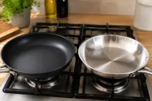 So Sánh Các Loại Chảo, Chống Dính, Inox, Gang, Ceramic Và Đá Granite 2 So sánh bề mặt chảo chống dính và chảo inox đặt cạnh nhau trên bếp ga gia đình.